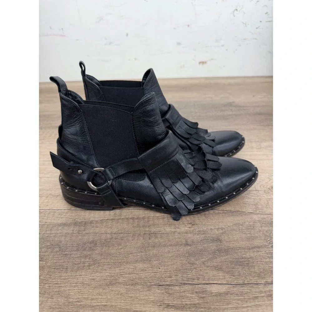 Freda Salvador Black Leather Kiltie Fringe Harness Ankle Boots Studded Size 8